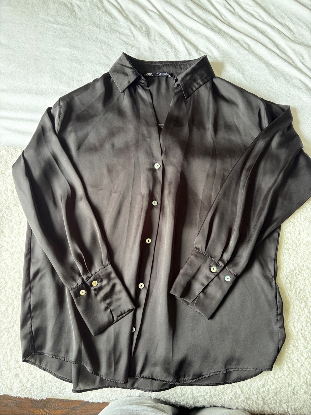 ZARA Black Satin Button-Up Blouse